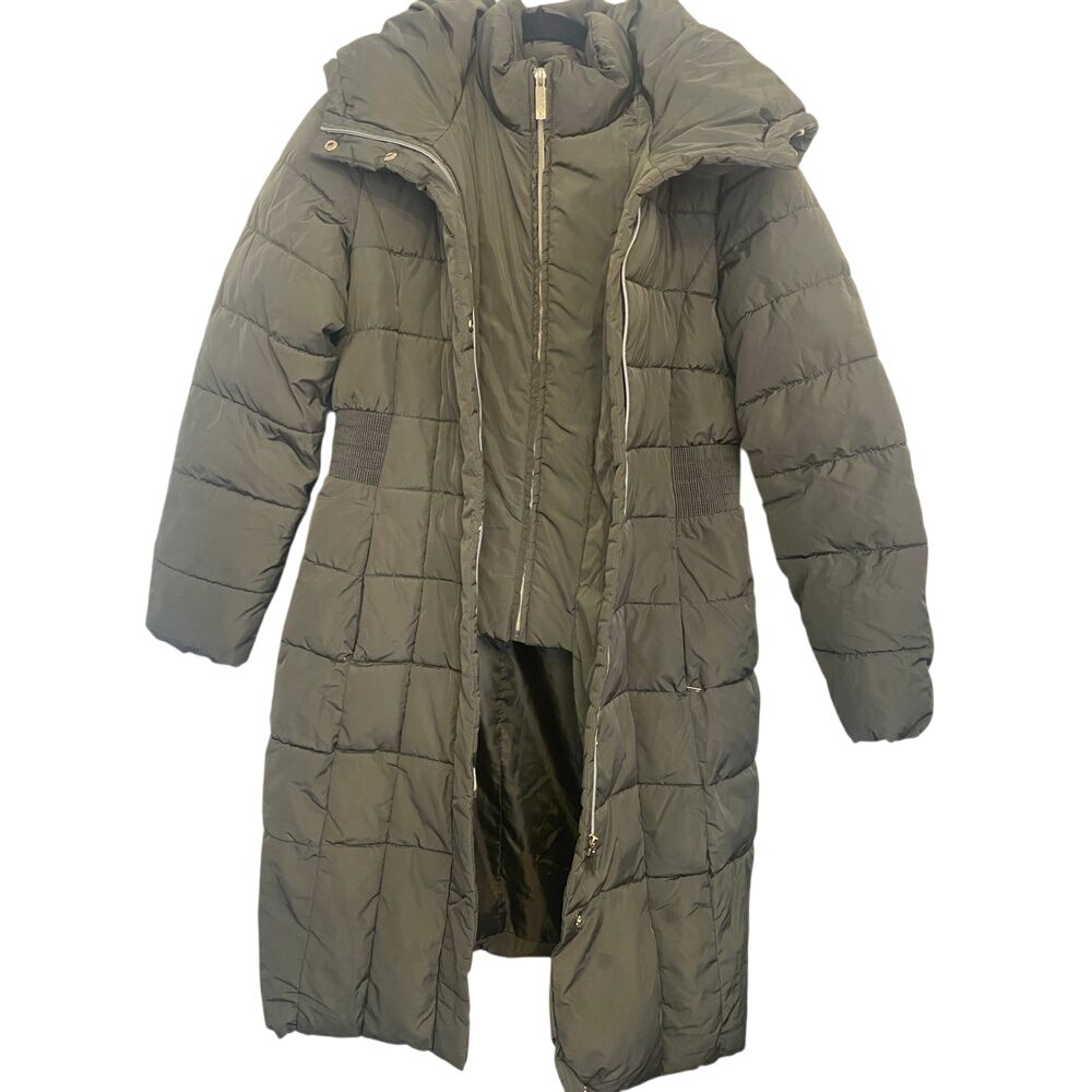 Liz Claiborne Womens Olive Green Long Puffer Coat Quilted Hooded Jacket Small‎